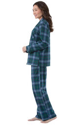 Model wearing Green and Blue Plaid Button-Front PJ for Women, facing to the side image number 2