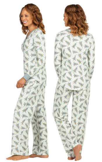 Model wearing Green Pine Tree PJ for Women, facing away from the camera and then to the side