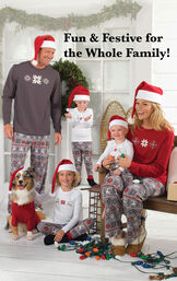 Parents, Kids and pets wearing Red and Gray Nordic Matching Family Pajamas. Headline: Fun and Festive for the Whole Family. image number 1