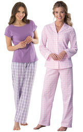 Models wearing Perfectly Plaid Pajamas and Heart2Heart Gingham Boyfriend Pajamas - Pink. image number 0
