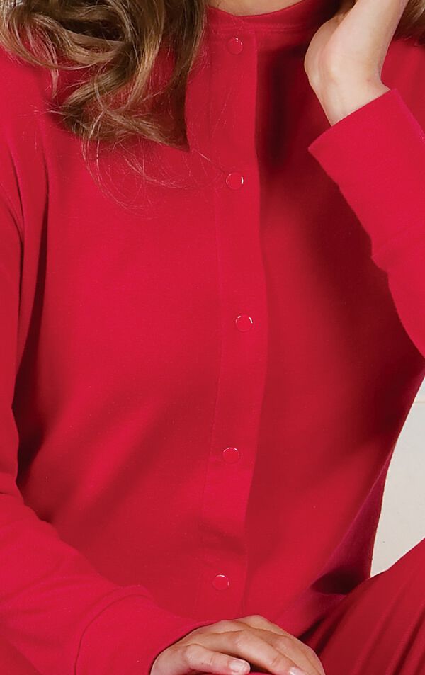 Close up of Red Dropseat Women's Pajamas button up front