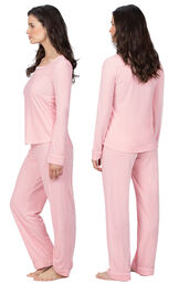 Model wearing Pink Velour PJ with Satin Trim for Women, facing away from the camera and then to the side image number 1