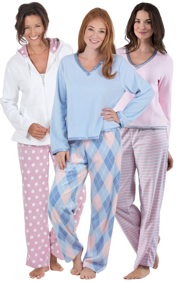 Models wearing Snuggle Fleece Pajamas - Pink Stripe, Snuggle Fleece Argyle Pajamas and Snuggle Fleece Hoodie Pajamas. image number 0