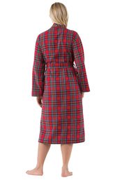 Model wearing Red Classic Plaid Wrap Robe for Women, facing away from the camera image number 1