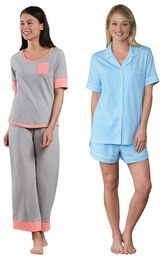 Models wearing Cozy Capri Pajama Set - Gray and Oh-So-Soft Pin Dot Short Set - Blue. image number 0