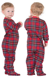 Model wearing Red Classic Plaid Onesie for Infants, facing away from the camera and then facing to the side image number 1