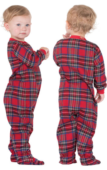 Model wearing Red Classic Plaid Onesie for Infants, facing away from the camera and then facing to the side