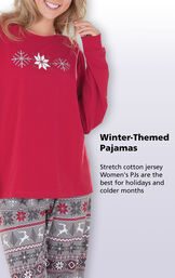 Close-up of Nordic Women's Pajamas Red Top. Stretch cotton jersey winter-themed pajamas are the best for holidays and colder months. image number 5