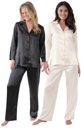 Smooth Seduction Satin Button-Front Pajama Bundle - Champagne & Black image number 0