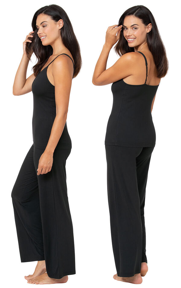 Model wearing Naturally Nude Cami Pajamas - Black, facing away from the camera and then facing to the side image number 2