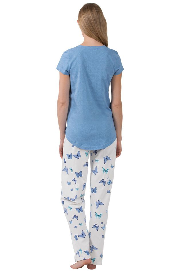 Model wearing Blue and Ivory Dream Butterfly PJ for Women, facing away from the camera image number 1