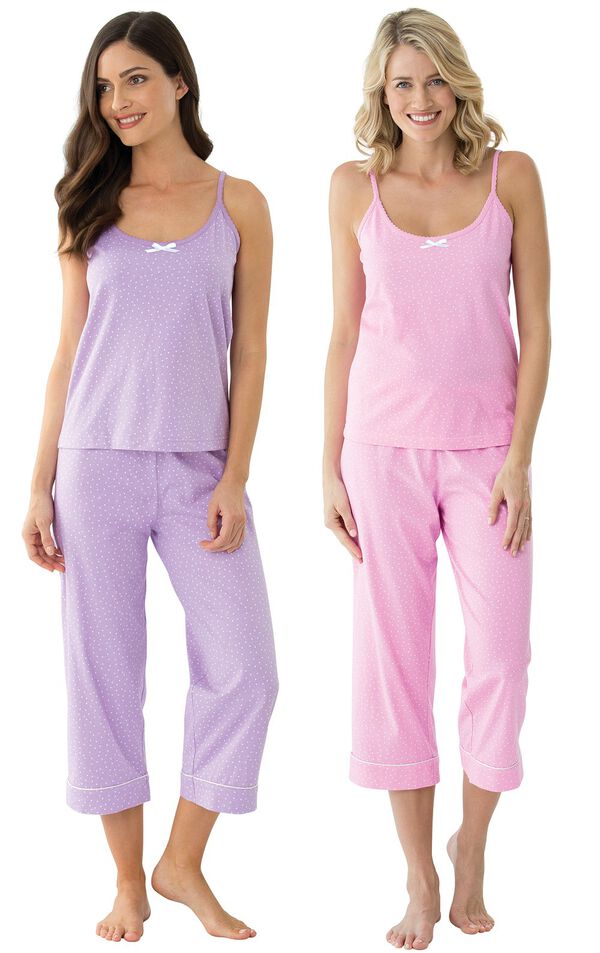 Models wearing Classic Polka-Dot Capri Pajamas - Lavender and Classic Polka-Dot Capri Pajamas - Pink. image number 0