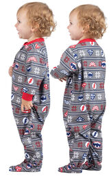 Model wearing Red and Blue Justice League Onesie for Infants, facing away from the camera and then to the side image number 1