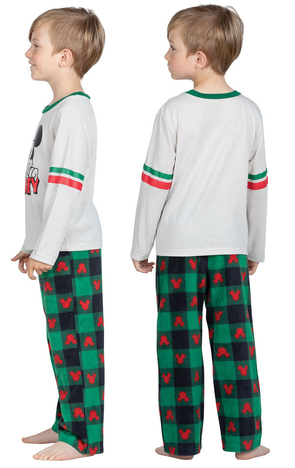 Model wearing Red and Green Mickey Mouse Holiday PJs for Youth, facing away from the camera and facing to the side image number 1