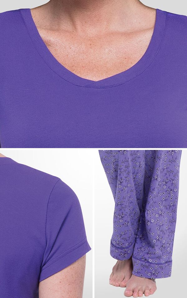 Purple Floral Short-Sleeve V-neck pajamas feature Full-length pants, a rounded v-neck and short sleeves