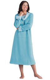 Model wearing World's Softest Teal Cowl-Neck Gown for Women image number 1