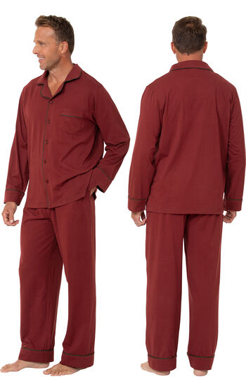 Model wearing Classic Button-Front Men's Pajamas - Brick, facing away from the camera and then facing to the side