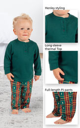Close-ups of Christmas Tree Plaid Infant Pajamas Henley styling, long-sleeve thermal top and full-length PJ pants image number 3