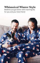 Pet and Owners sitting on couch wearing matching Polar Bear Fleece Pajamas - Bedtime just got better with matching PJs for you and your best friend image number 1