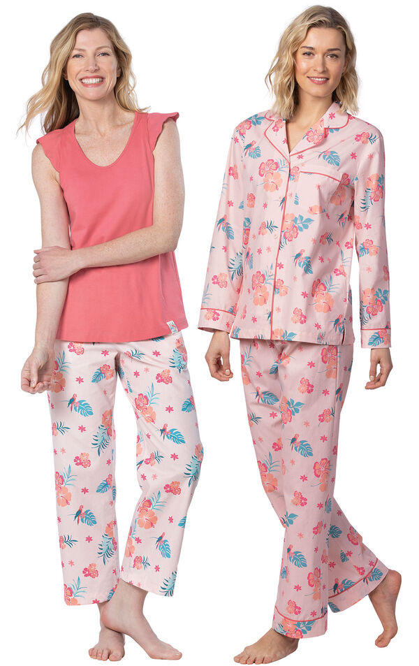 Models wearing Margaritaville Hibiscus Boyfriend Pajamas - Pink and Margaritaville Easy Island Capris Pajamas - Pink. image number 0