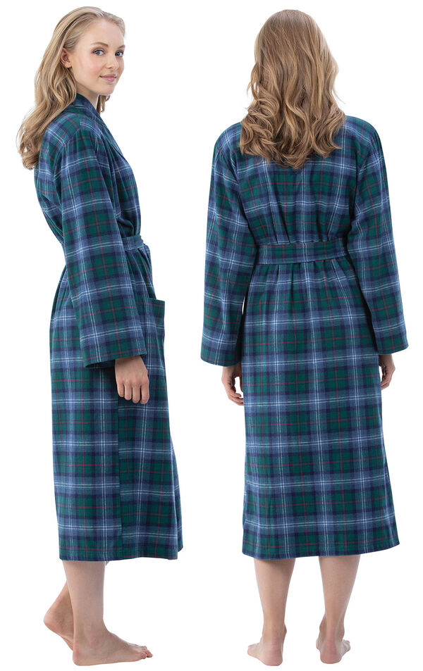 Model wearing Green and Blue Plaid Long Robe for Women, facing away from the camera and then to the side image number 1