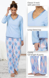 Close-ups of Argyle Snuggle Fleece Pajamas - classic V-neck with satin trim, long-sleeve top and comfy-full length PJ pants image number 4