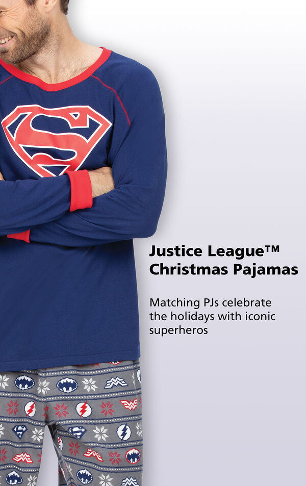 Close-up of Blue and Red Justice League Men's PJ Superman Top with the following copy: Matching PJs celebrate the holidays with iconic superheroes image number 2
