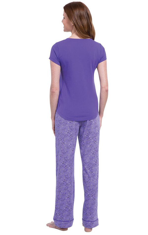 Model wearing Purple Floral V-neck PJ for Women, facing away from the camera image number 1
