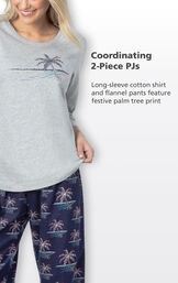 Coordinating 2-Piece PJs - long-sleeve cotton shirt and flannel p ants feature festive palm tree print image number 3