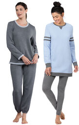 Models wearing Sporty Sweatshirt and Leggings PJ Set - Blue/Gray and World's Softest Jogger Pajamas - Charcoal. image number 0