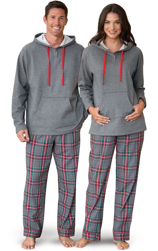 Models wearing Gray Plaid Hooded PJs for Him and Her