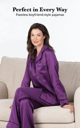 Model wearing Satin Pajamas with Piping - Purple with the following copy: Perfect in Every Way. Flawless boyfriend-style pajamas image number 2