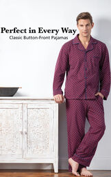 Model wearing Deep Red Print Button-Front Pajamas with the following copy: Perfect in Every Way image number 2