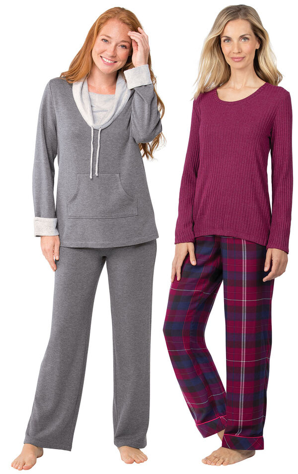 Models wearing World's Softest Flannel Pullover Pajamas - Black Cherry Plaid and World's Softest Pajamas - Charcoal. image number 0