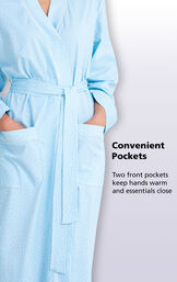 Close-up of Blue Pin Dot Wrap Robe's Convenient Pockets - two front pockets keep hands warm and essentials close image number 4