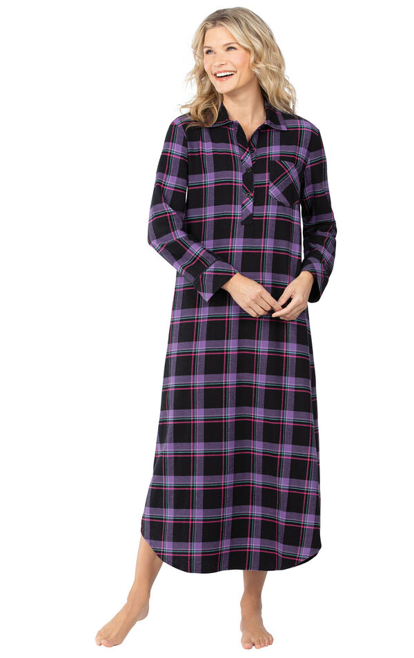Model wearing Black and Purple Plaid Gown for Women image number 0