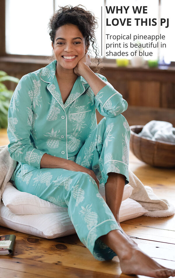 Why We Love this PJ: Tropical pineapple print is beautiful in shades of blue image number 2