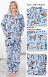 Close-ups of the features of Dog Tired Boyfriend Flannel Pajamas which include a classic notched collar, versatile button-up design and easy-access hip pockets image number 3