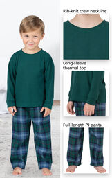 Close-ups of Heritage Plaid Thermal-Top PJ features which include a rib-knit crew neckline, long-sleeve thermal top and full-length PJ pants image number 3