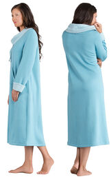 Model wearing World's Softest Teal Cowl-Neck Gown for Women, facing away from the camera and then to the side image number 1