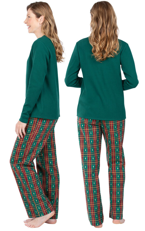 Model wearing Red and Green Christmas Tree Plaid Thermal Top PJ for Women, facing away from the camera and then to the side image number 1