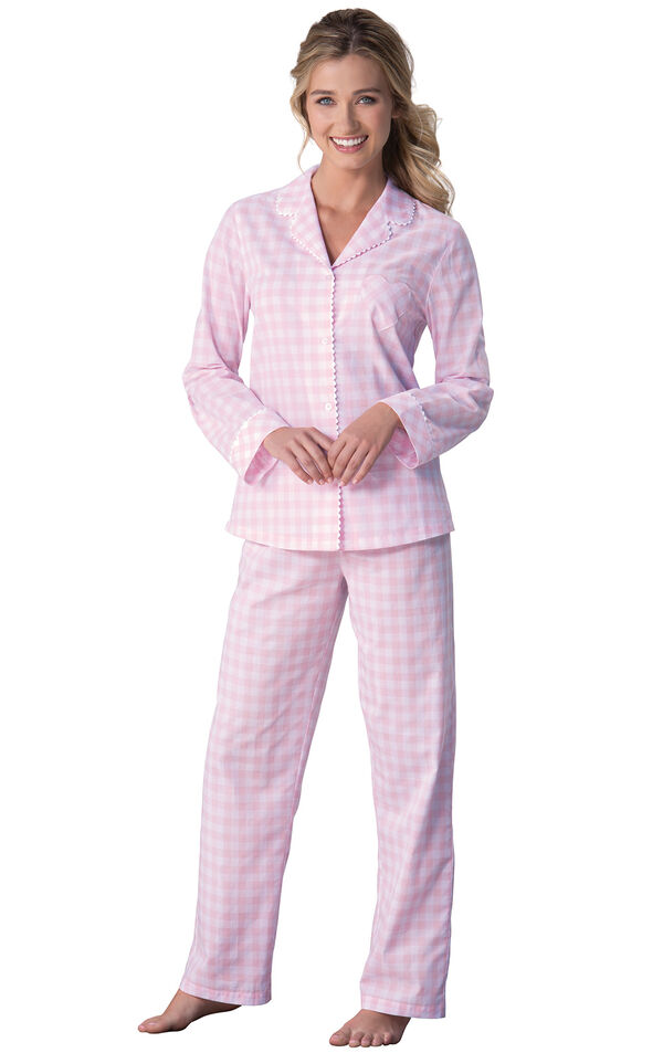 Model wearing Pink and White Gingham Button-Front PJ for Women image number 0