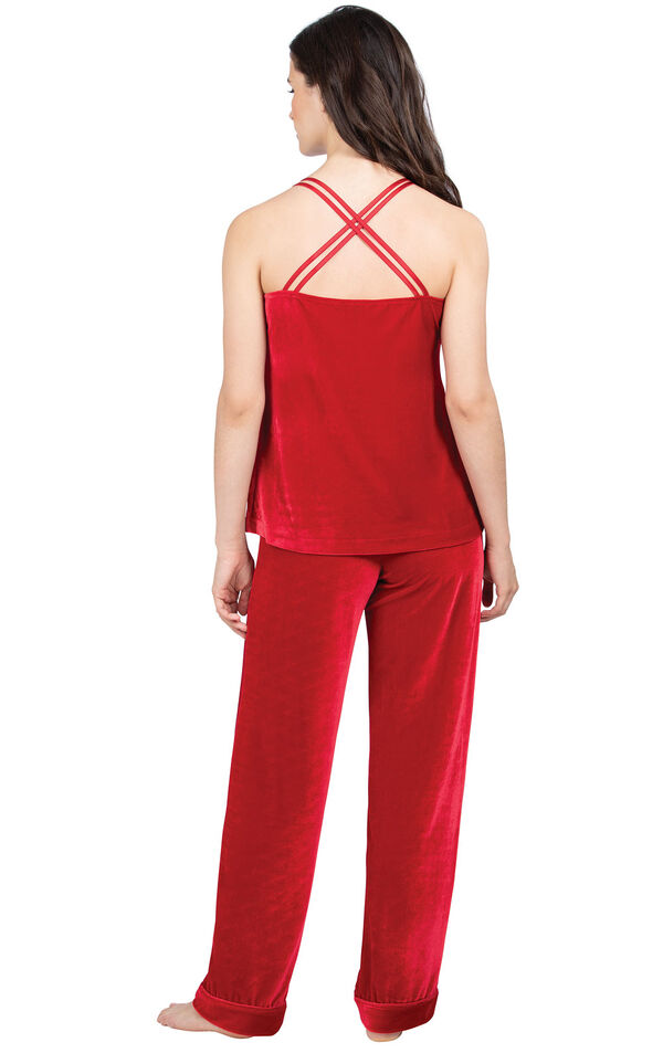 Model wearing Red Velour Cami PJ with Satin Trim for Women, facing away from the camera image number 1