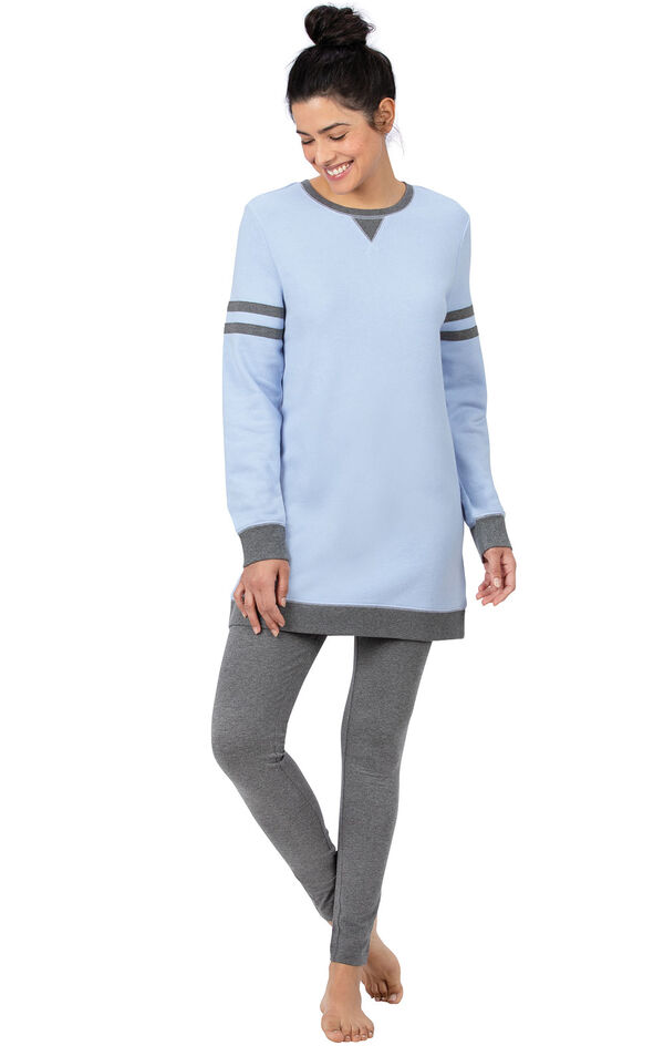 Model wearing Blue Sweatshirt and Leggings Pajama Set for Women image number 1