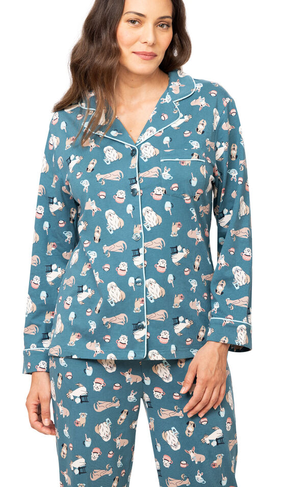 Coffee Dogs Button-Front Pajamas - Teal image number 2