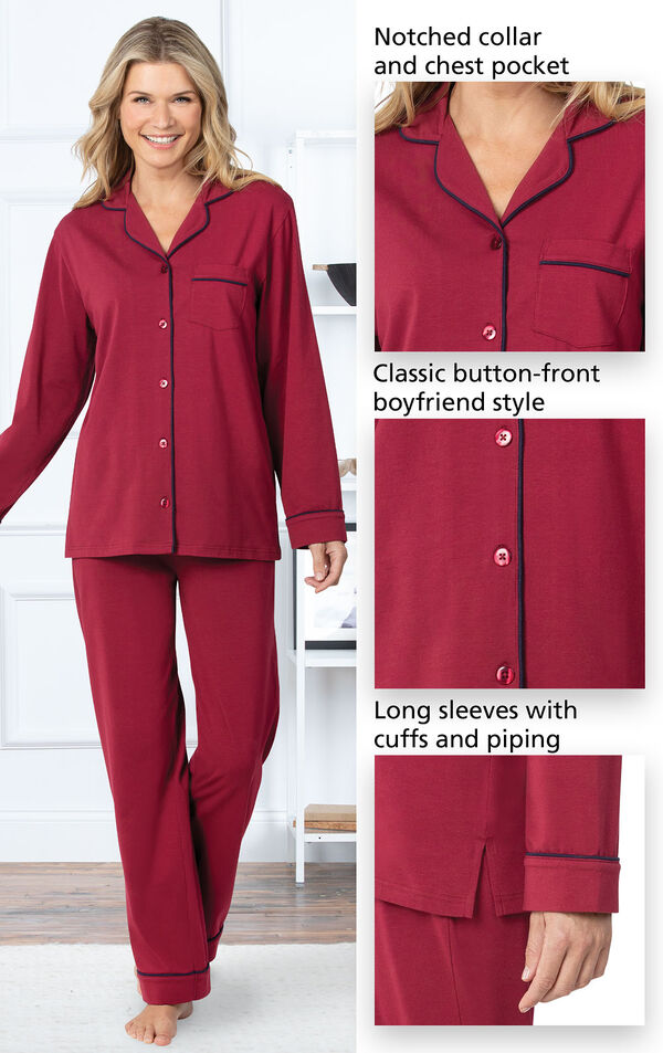Jersey Boyfriend Pajamas feature a notched collar and chest pocket, classic button-front boyfriend style and long sleeves with cuffs and puping image number 3