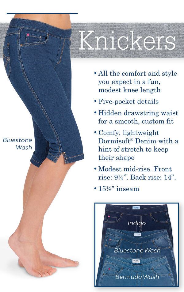 Knickers - All the comfort and style you expect in a fun, modest knee length. Five-pocket details. Hidden drawstring waist for a smooth, custom fit. Comfy Dormisoft Denim with a hint of stretch to keep their shape. Modest mid-rise. Front rise: 9.25", Back image number 3