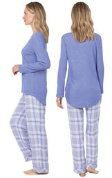 Model wearing Lavender Plaid Thermal-Top PJ for Women, facing away from the camera and then to the side image number 2