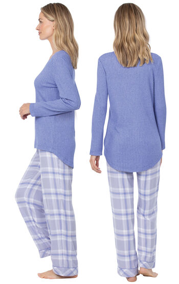 Model wearing Lavender Plaid Thermal-Top PJ for Women, facing away from the camera and then to the side