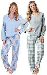 Models wearing Snuggle Fleece Argyle Petite Pajamas and Snuggle Fleece Plaid Petite Pajamas - Aqua. image number 0